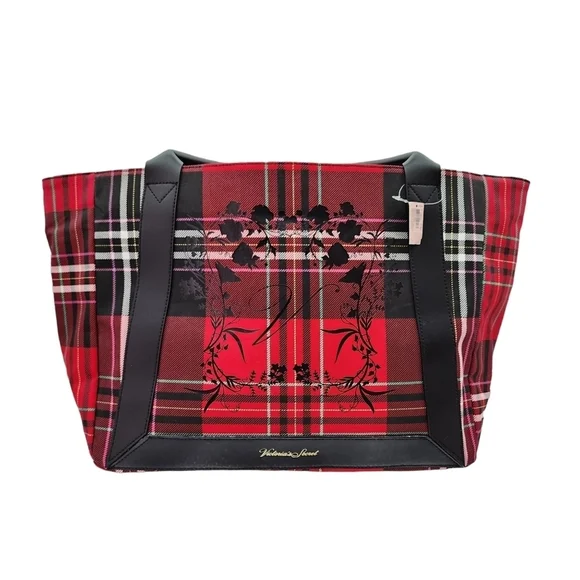 Victoria's Secret Women's Holiday Plaid Floral Tote Bag Hand Bag - Picture 2 of 11